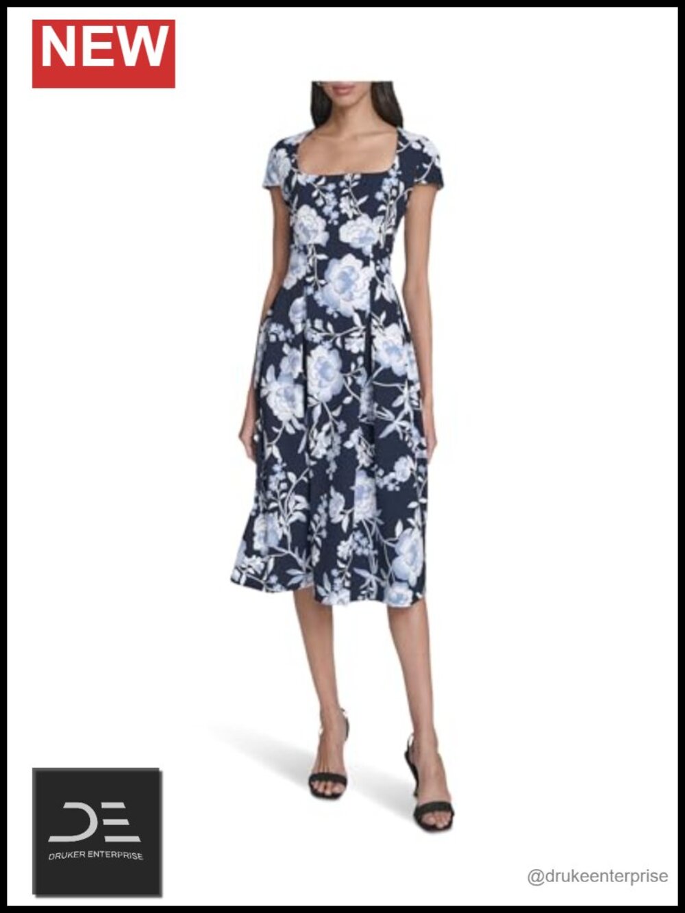 Short Sleeve Scuba Crepe Floral Midi A-Line Dress